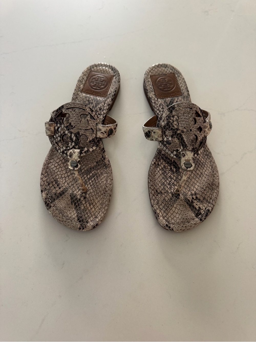 Tory Burch Snake-Print Miller Thong Sandals in Taupe